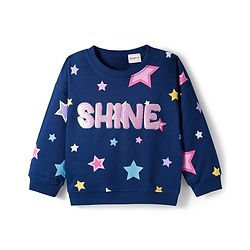 Babyhug Terry Knit Premium Light Gauge Terry Full Sleeves T-Shirt & Lounge Pant Set with Star Print & Reversible Sequin Detailing - Navy Blue