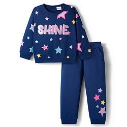 Babyhug Terry Knit Premium Light Gauge Terry Full Sleeves T-Shirt & Lounge Pant Set with Star Print & Reversible Sequin Detailing - Navy Blue