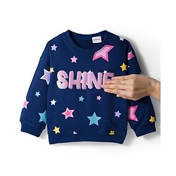 Babyhug Terry Knit Premium Light Gauge Terry Full Sleeves T-Shirt & Lounge Pant Set with Star Print & Reversible Sequin Detailing - Navy Blue