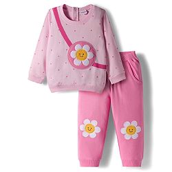 Babyhug Terry Knit Premium Light Gauge Terry Full Sleeves Top & Pant Set With Floral Print - Pink