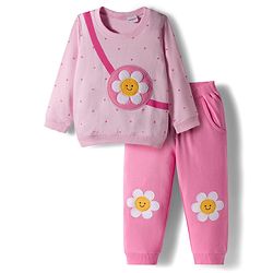 Babyhug Terry Knit Premium Light Gauge Terry Full Sleeves Top & Pant Set With Floral Print - Pink