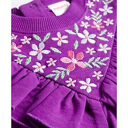 Babyhug Terry Knit Premium Light Gauge Terry Full Sleeves Top & Trouser Set with Floral Embroidery & Frill Detailing - Purple