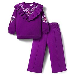 Babyhug Terry Knit Premium Light Gauge Terry Full Sleeves Top & Trouser Set with Floral Embroidery & Frill Detailing - Purple
