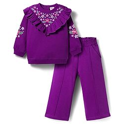 Babyhug Terry Knit Premium Light Gauge Terry Full Sleeves Top & Trouser Set with Floral Embroidery & Frill Detailing - Purple