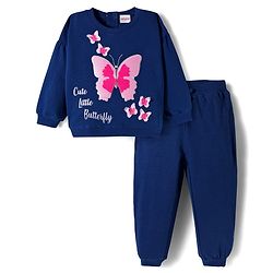 Babyhug Terry Knit Premium Light Gauge Terry Full Sleeves Top & Lounge Pant Set With Butterfly Print - Navy Blue