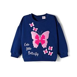Babyhug Terry Knit Premium Light Gauge Terry Full Sleeves Top & Lounge Pant Set With Butterfly Print - Navy Blue
