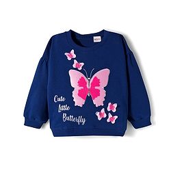 Babyhug Terry Knit Premium Light Gauge Terry Full Sleeves Top & Lounge Pant Set With Butterfly Print - Navy Blue