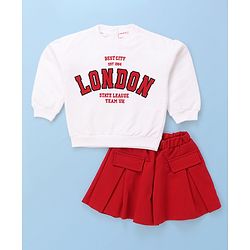 Babyhug Terry Knit Full Sleeves Top & Skort Set with Text Embroidery - Red & White