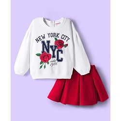 Babyhug Terry Knit Full Sleeves Top & Skirt Set with Floral & Text Print - White & Red