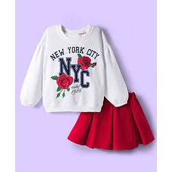 Babyhug Terry Knit Full Sleeves Top & Skirt Set with Floral & Text Print - White & Red