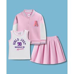 Babyhug Terry Knit Full Sleeves Jacket and Top With Pleated Skirt & Just Girl Things Text Print - Pink & White