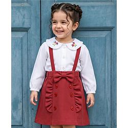 Babyhug Single Jersey Knit Full Sleeves Top & Skirt Set With Floral Embriodery - White & Brown