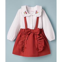 Babyhug Single Jersey Knit Full Sleeves Top & Skirt Set With Floral Embriodery - White & Brown
