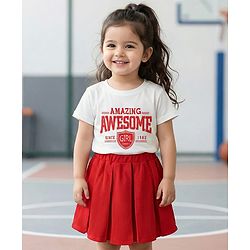Babyhug Single Jersey Knit Half Sleeves Top & Skirt Set With Text Print - White & Red