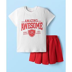 Babyhug Single Jersey Knit Half Sleeves Top & Skirt Set With Text Print - White & Red