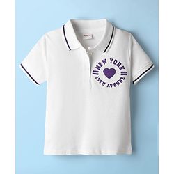 Babyhug Single Jersey Knit Half Sleeves Polo Top & Skirt Set With New York Print - White & Purple