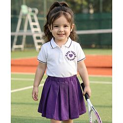 Babyhug Single Jersey Knit Half Sleeves Polo Top & Skirt Set With New York Print - White & Purple