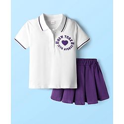Babyhug Single Jersey Knit Half Sleeves Polo Top & Skirt Set With New York Print - White & Purple