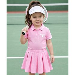 Babyhug 100% Cotton Single Jersey Knit Half Sleeves Polo Top & Skirt Set With Heart Print - Pink