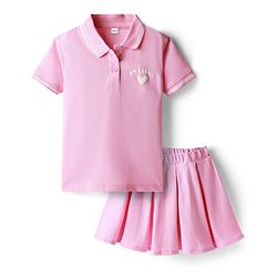 Babyhug 100% Cotton Single Jersey Knit Half Sleeves Polo Top & Skirt Set With Heart Print - Pink