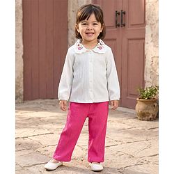 Babyhug 100% Cotton Single Jersey Knit Full Sleeves Top & Pant Set with Floral Embroidery - White & Pink
