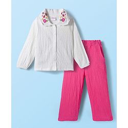 Babyhug 100% Cotton Single Jersey Knit Full Sleeves Top & Pant Set with Floral Embroidery - White & Pink