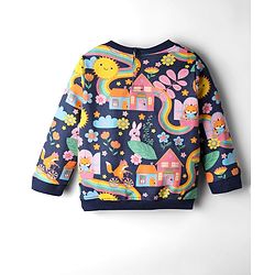 Babyhug Terry Knit Premium Light Gauge Terry Full Sleeves Top & Lounge Pant Co-Ord Set Animal & Floral Print with Back Snap Buttons - Navy Blue
