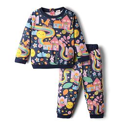 Babyhug Terry Knit Premium Light Gauge Terry Full Sleeves Top & Lounge Pant Co-Ord Set Animal & Floral Print with Back Snap Buttons - Navy Blue