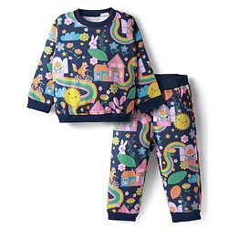 Babyhug Terry Knit Premium Light Gauge Terry Full Sleeves Top & Lounge Pant Co-Ord Set Animal & Floral Print with Back Snap Buttons - Navy Blue