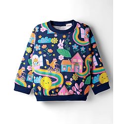 Babyhug Terry Knit Premium Light Gauge Terry Full Sleeves Top & Lounge Pant Co-Ord Set Animal & Floral Print with Back Snap Buttons - Navy Blue
