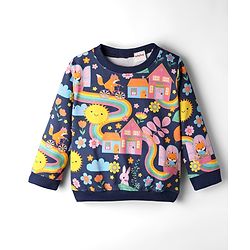 Babyhug Terry Knit Premium Light Gauge Terry Full Sleeves Top & Lounge Pant Co-Ord Set Animal & Floral Print with Back Snap Buttons - Navy Blue