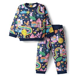 Babyhug Terry Knit Premium Light Gauge Terry Full Sleeves Top & Lounge Pant Co-Ord Set Animal & Floral Print with Back Snap Buttons - Navy Blue