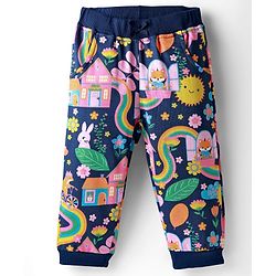 Babyhug Terry Knit Premium Light Gauge Terry Full Sleeves Top & Lounge Pant Co-Ord Set Animal & Floral Print with Back Snap Buttons - Navy Blue