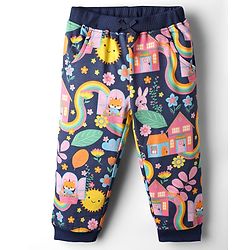 Babyhug Terry Knit Premium Light Gauge Terry Full Sleeves Top & Lounge Pant Co-Ord Set Animal & Floral Print with Back Snap Buttons - Navy Blue