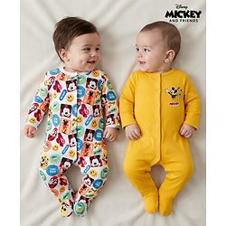 Babyhug Disney Interlock Knit Full Sleeves Sleepsuit With Mickey & Friends Print Pack Of 2 - Yellow & White
