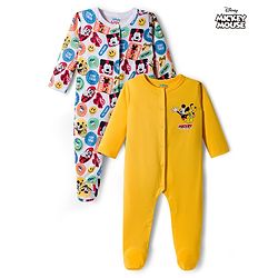 Babyhug Disney Interlock Knit Full Sleeves Sleepsuit With Mickey & Friends Print Pack Of 2 - Yellow & White