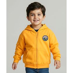 Babyhug Cotton Knit Full Sleeves Hooded Sweatjacket With Patch Detailing & Kangaroo Pockets - Yellow