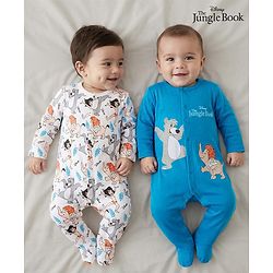 Babyhug Disney Interlock Knit Full Sleeves Footed Sleepsuit With Jungle Book Graphics Pack of 2 - Blue & White