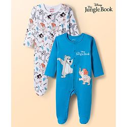 Babyhug Disney Interlock Knit Full Sleeves Footed Sleepsuit With Jungle Book Graphics Pack of 2 - Blue & White