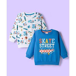Babyhug Cotton Knit Full Sleeves Sweatshirts With Skateboarding Print Pack of 2 - Blue & White