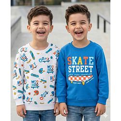 Babyhug Cotton Knit Full Sleeves Sweatshirts With Skateboarding Print Pack of 2 - Blue & White