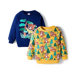 Babyhug Cotton Knit Full Sleeves Sweatshirts With Teddy Bear Graphics Pack of 2 - Yellow & Navy Blue
