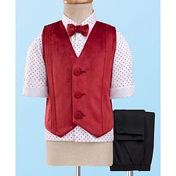 Babyhug Full Sleeves Party Suit With Velvet Waistcoat & Polka Dot Printed Shirt With Knit Pant & Bow - Maroon & White