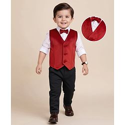 Babyhug Full Sleeves Party Suit With Velvet Waistcoat & Polka Dot Printed Shirt With Knit Pant & Bow - Maroon & White