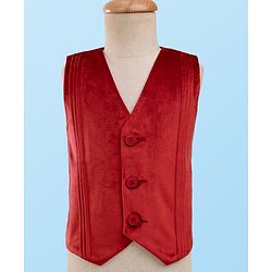 Babyhug Full Sleeves Party Suit With Velvet Waistcoat & Polka Dot Printed Shirt With Knit Pant & Bow - Maroon & White
