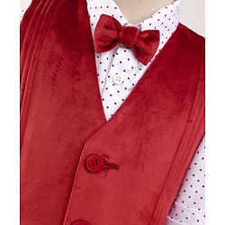 Babyhug Full Sleeves Party Suit With Velvet Waistcoat & Polka Dot Printed Shirt With Knit Pant & Bow - Maroon & White