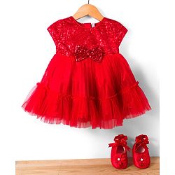 Babyhug Mesh Woven Cap Sleeves Party Dress With Sequinned Yoke & Booties - Red