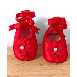 Babyhug Mesh Woven Cap Sleeves Party Dress With Sequinned Yoke & Booties - Red