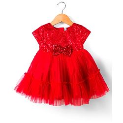 Babyhug Mesh Woven Cap Sleeves Party Dress With Sequinned Yoke & Booties - Red