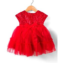 Babyhug Mesh Woven Cap Sleeves Party Dress With Sequinned Yoke & Booties - Red